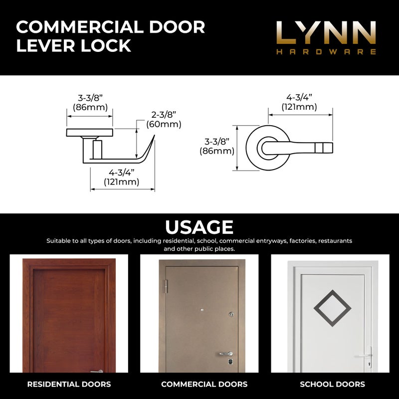 LYNN HARDWARE Commercial Door Lever Lock - Heavy-Duty Locking Door Handle, Designer Door Handles, Cylindrical Lever Lock, Non-Handed Grade 2 Door Handle, Satin Chrome, Passage/Closet - Image 3